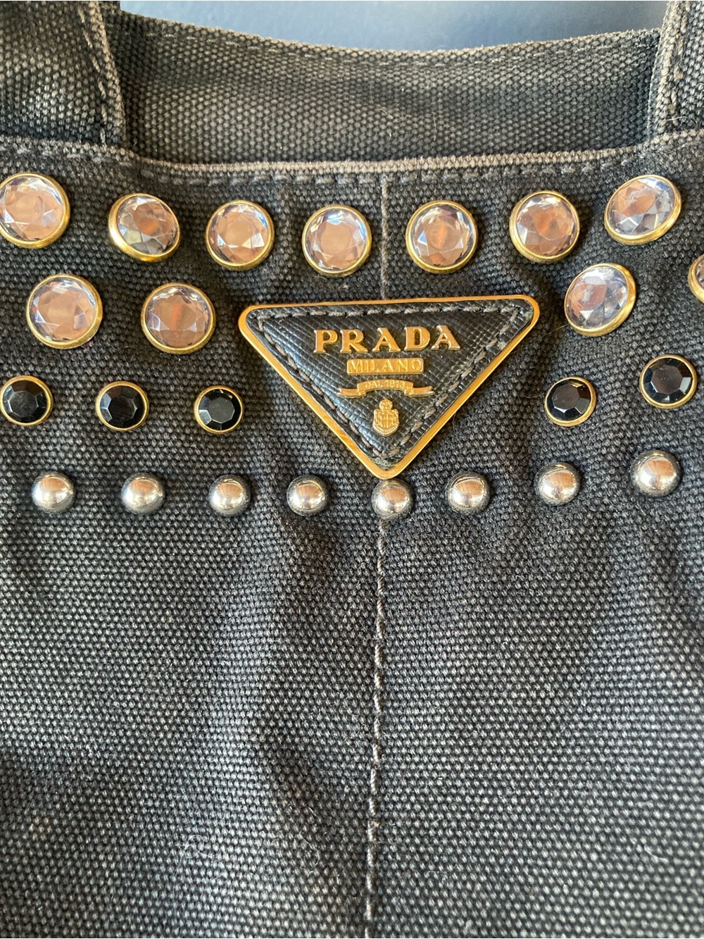 Authentic Prada Black Canvas Tote with Studs - Picture 2 of 9
